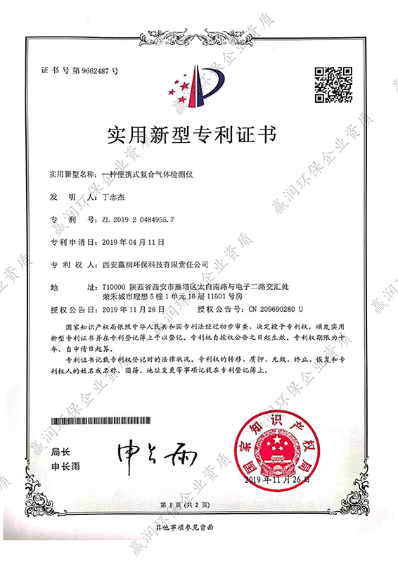 一種便攜式復(fù)合氣體檢測儀專利證書